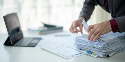 A businessperson organising a stack of business documents while preparing the business for sale